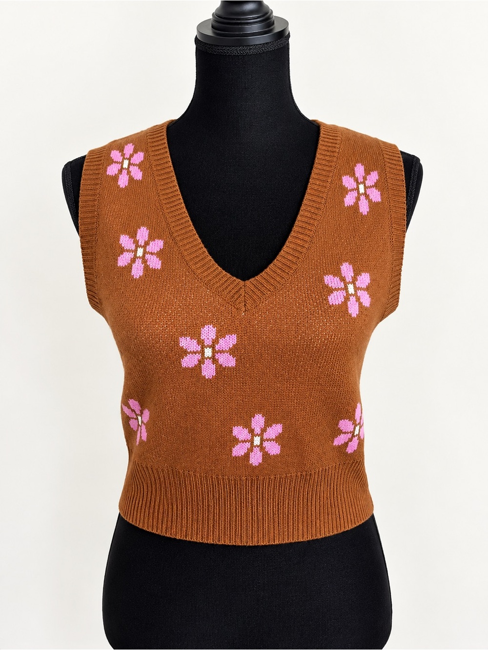 Floral Knit V-Neck Sweater Vest in Brown and Pink